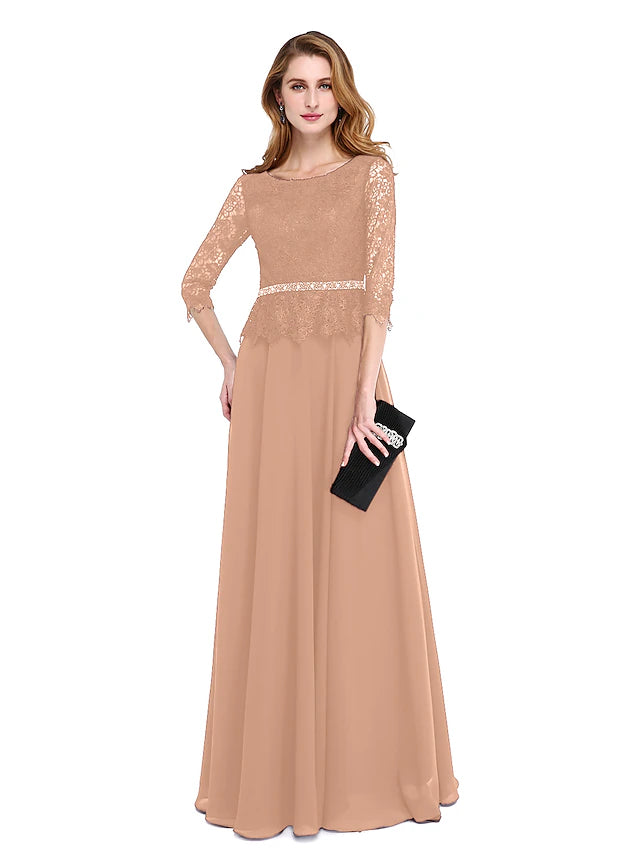 A-Line Mother of the Bride Dress Elegant Jewel Neck Floor Length Chiffon Lace Bodice 3/4 Length Sleeve with Sash / Ribbon