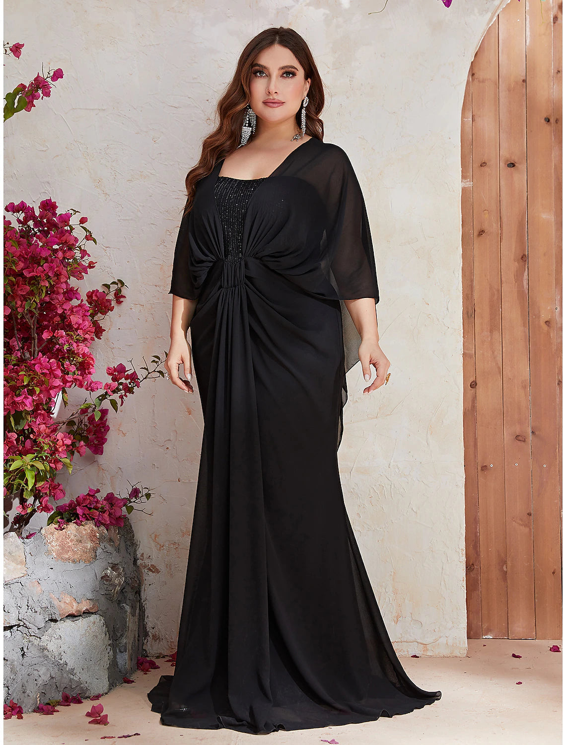 Mermaid / Trumpet Wedding Guest Dresses Plus Size Dress Formal Evening Party Sweep / Brush Train Long Sleeve V Neck Polyester with Sequin