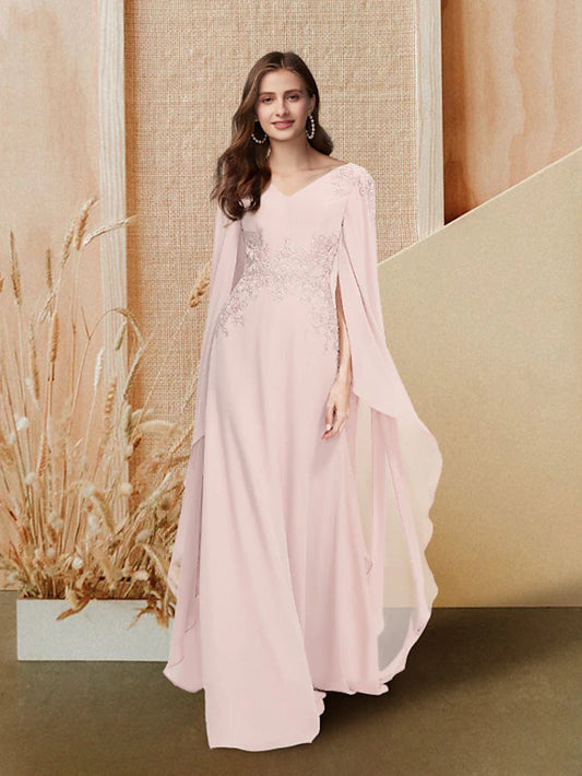 A-Line Elegant Cute Prom Formal Evening Dress V Neck Long Sleeve Floor Length Chiffon