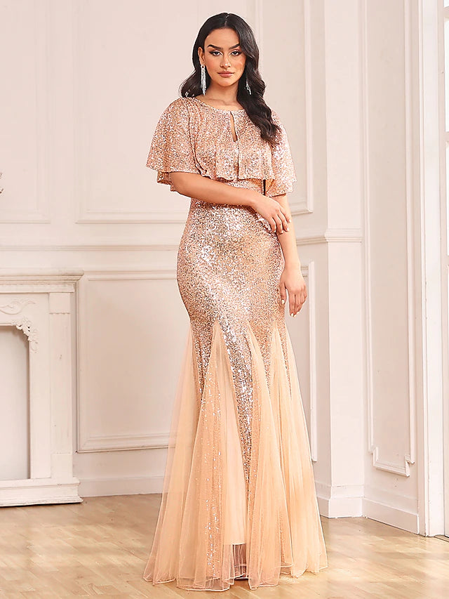 Two Piece Mermaid / Trumpet Party Dresses Sparkle & Shine Dress Prom Floor Length Sleeveless V Neck Capes Tulle V Back with Sequin