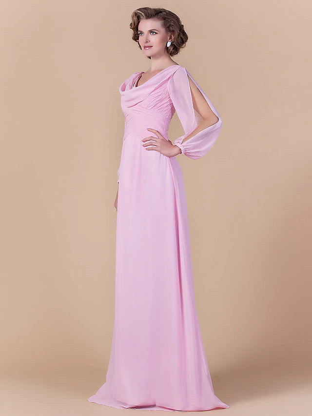 Sheath / Column Mother of the Bride Dress Vintage Inspired Cowl Neck Floor Length Chiffon Long Sleeve with Criss Cross