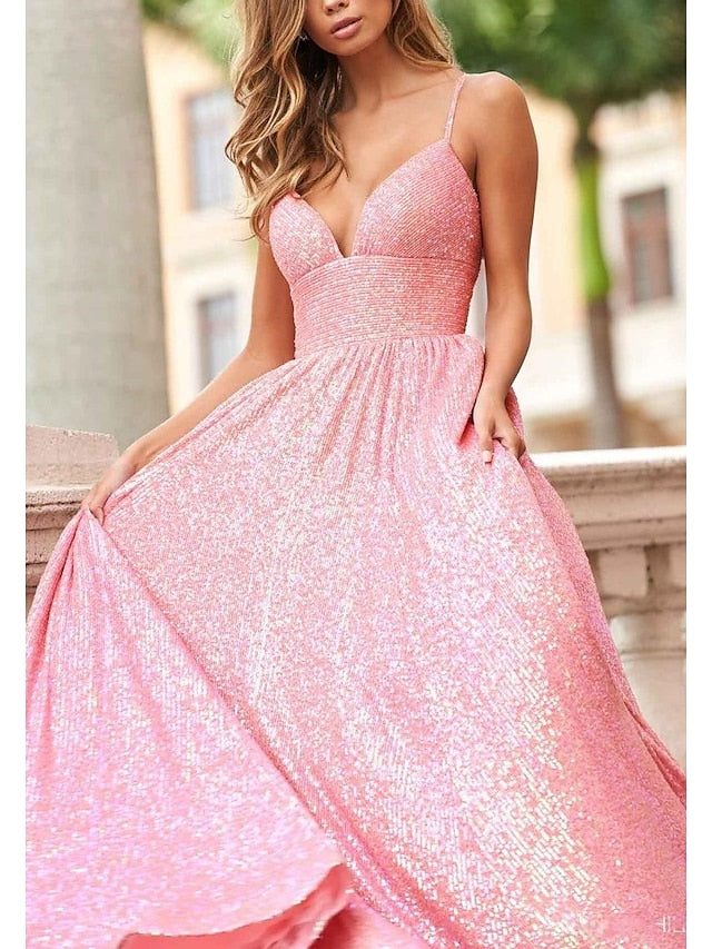 A-Line/Princess Spaghetti Straps Long Prom Dresses V-neck Sparkly 