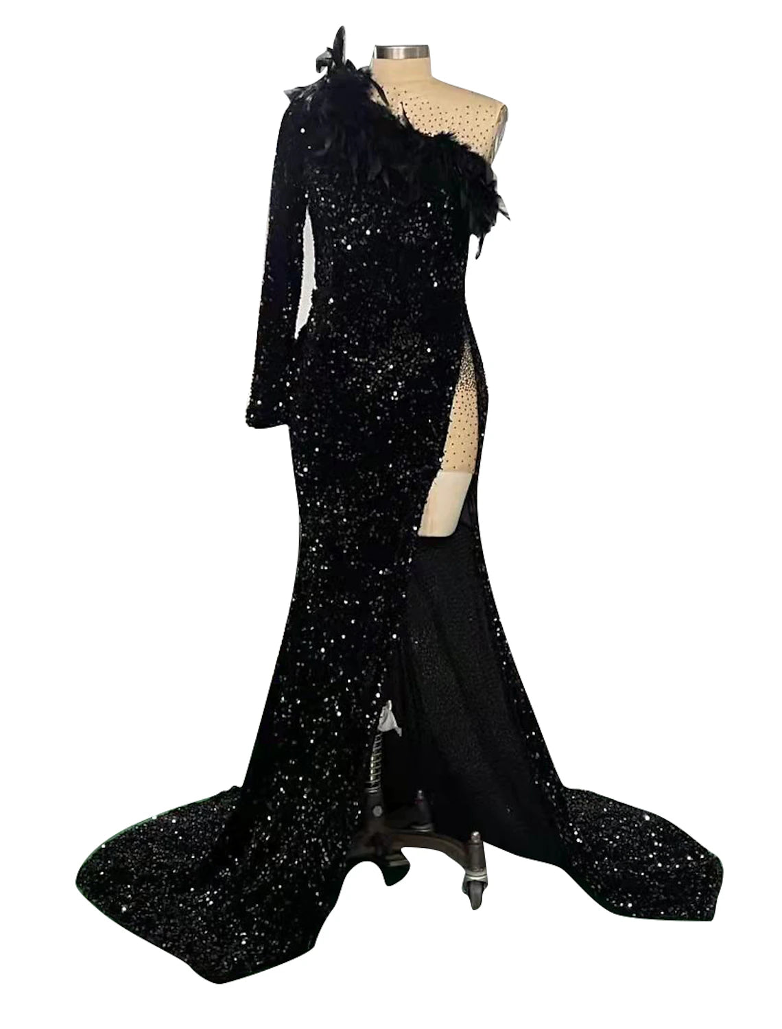 Mermaid / Trumpet Sparkle Sexy Wedding Guest Formal Evening Dress One Shoulder Long Sleeve Court Train Sequined