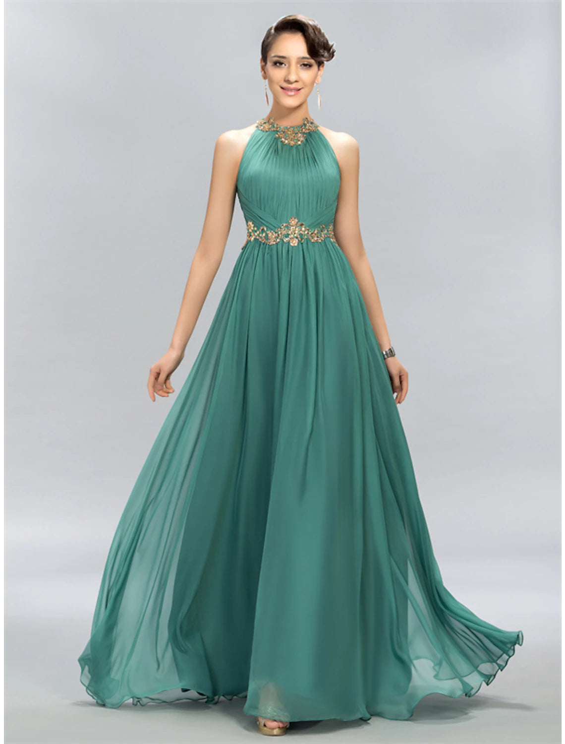 A-Line Wedding Guest Dresses Maxi Dress Party Wear Wedding Party Floor Length Sleeveless Halter Neck Chiffon with Ruched