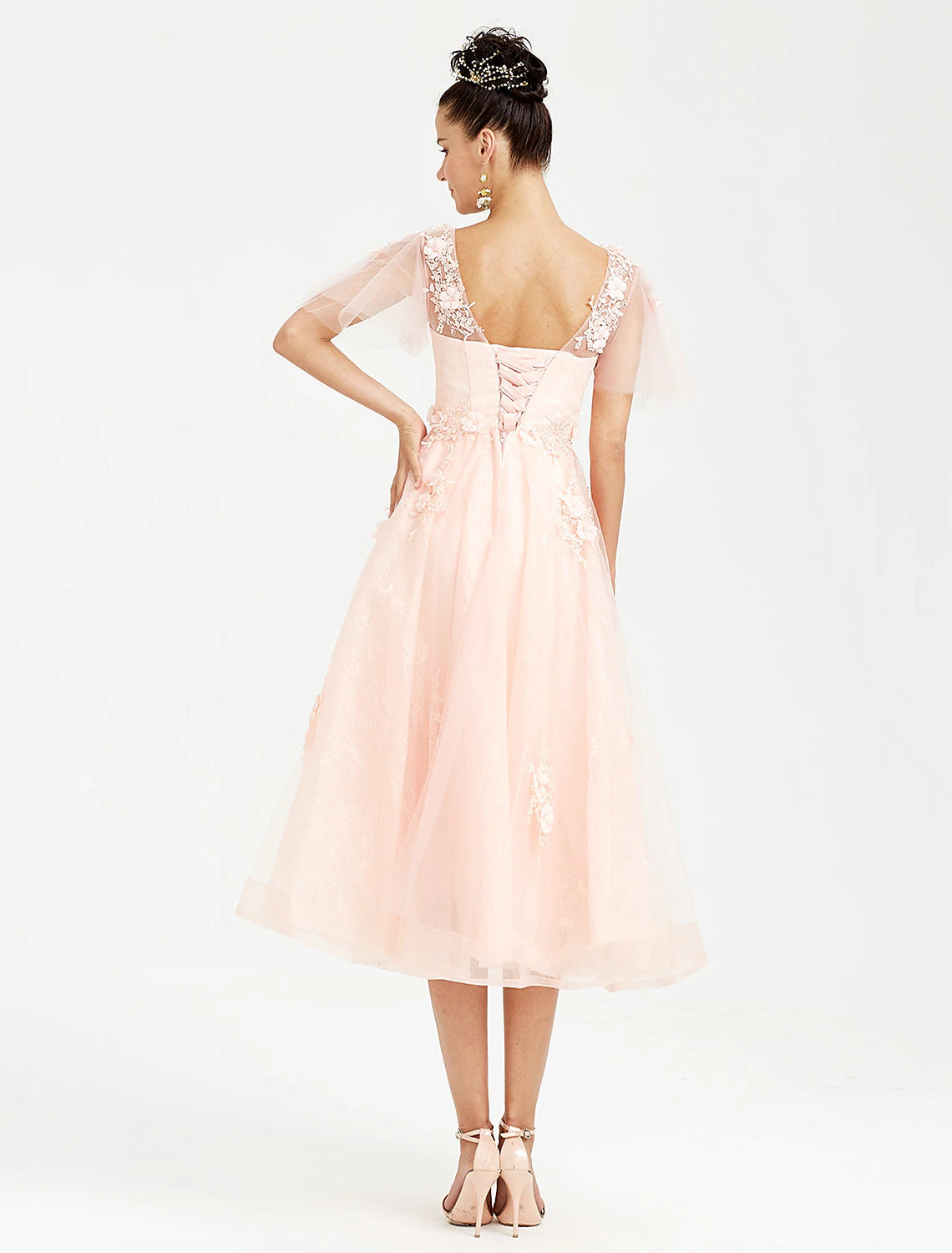 A-Line Prom Dresses Elegant Dress Wedding Guest Cocktail Party Tea Length Short Sleeve V Neck Tulle