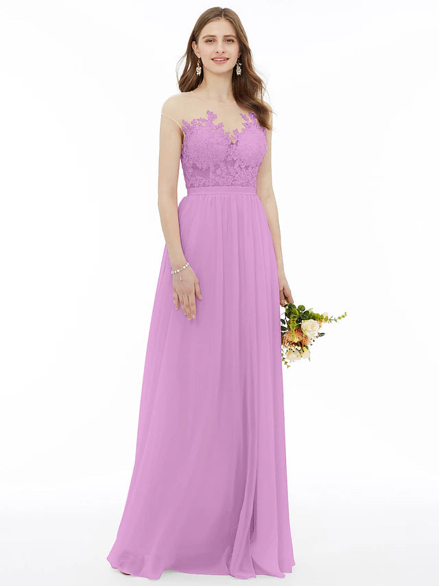 A-Line Bridesmaid Dress Illusion Neck Sleeveless Illusion Detail Floor Length Chiffon / Floral Lace with Sash / Ribbon