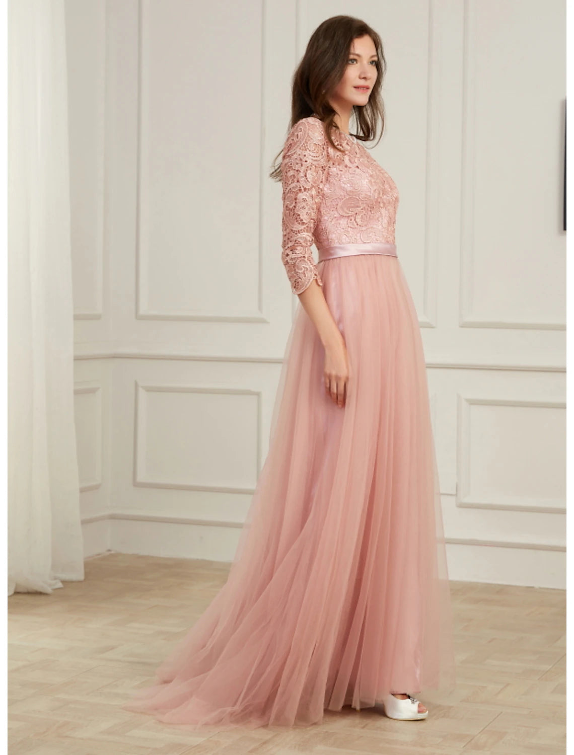 A-Line Evening Gown Spring Dress Party Wear Formal Evening Sweep / Brush Train Long Sleeve Jewel Neck Lace