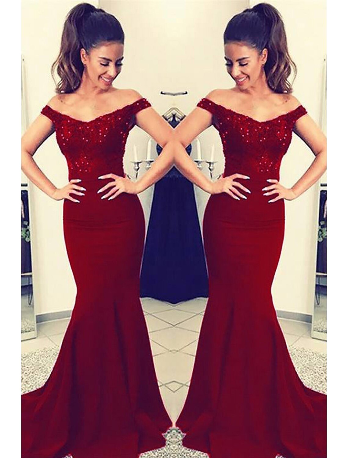 Mermaid / Trumpet Prom Dresses Sexy Dress Formal Court Train Sleeveless Off Shoulder Stretch Fabric V Back with Beading