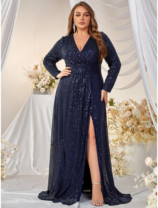 A-Line Evening Gown Plus Size Dress Formal Sweep / Brush Train Long Sleeve V Neck Polyester with Sequin