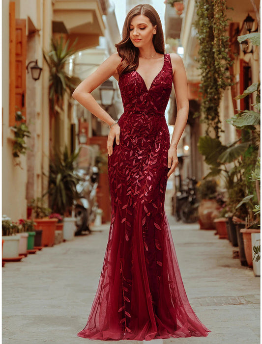 Mermaid / Trumpet Sparkle Sexy Prom Formal Evening Valentine's Day Dress V Neck V Back Sleeveless Floor Length Tulle with Sequin