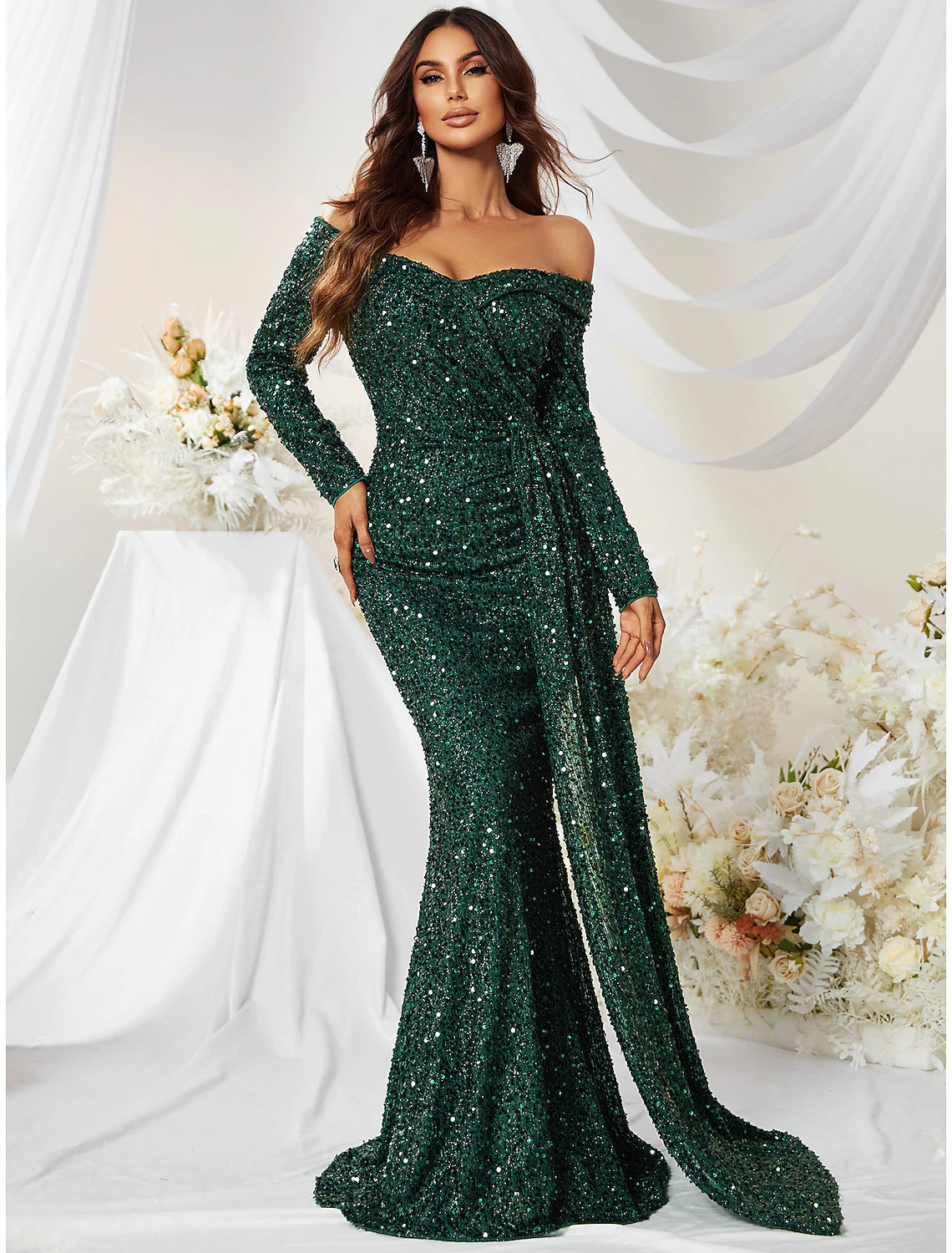 Mermaid / Trumpet Evening Gown Sparkle & Shine Dress Formal Cocktail Party Sweep / Brush Train Long Sleeve Off Shoulder Polyester