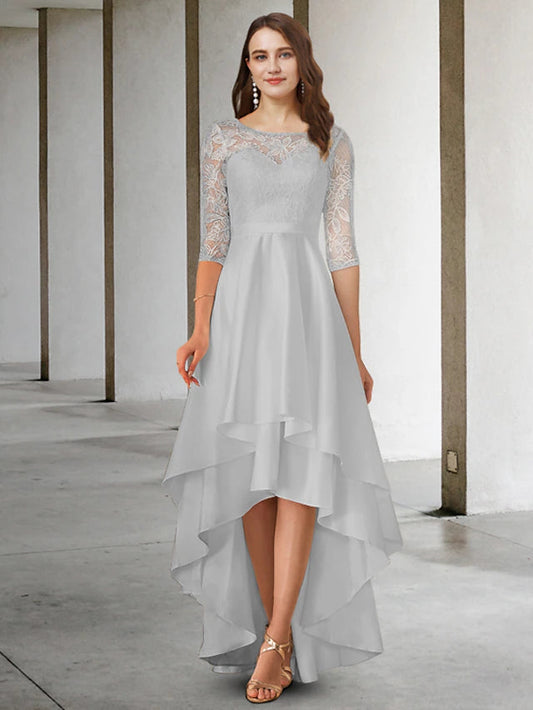 A-Line Mother of the Bride Dress Elegant High Low Jewel Neck Asymmetrical Chiffon Lace Half Sleeve with Appliques Cascading