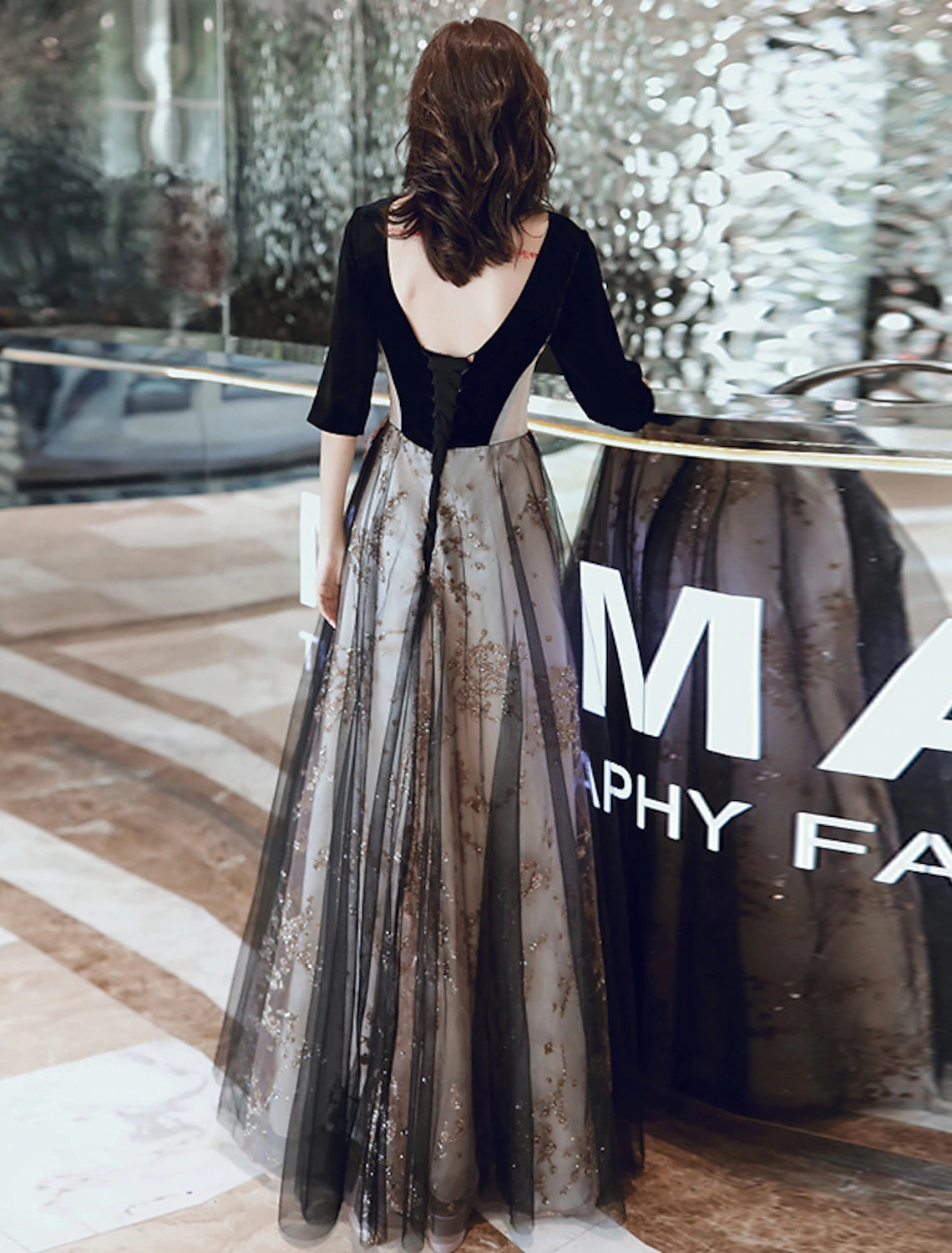 A-Line Glittering Cut Out Party Wear Formal Evening Dress Illusion Neck Half Sleeve Floor Length Velvet with Sequin