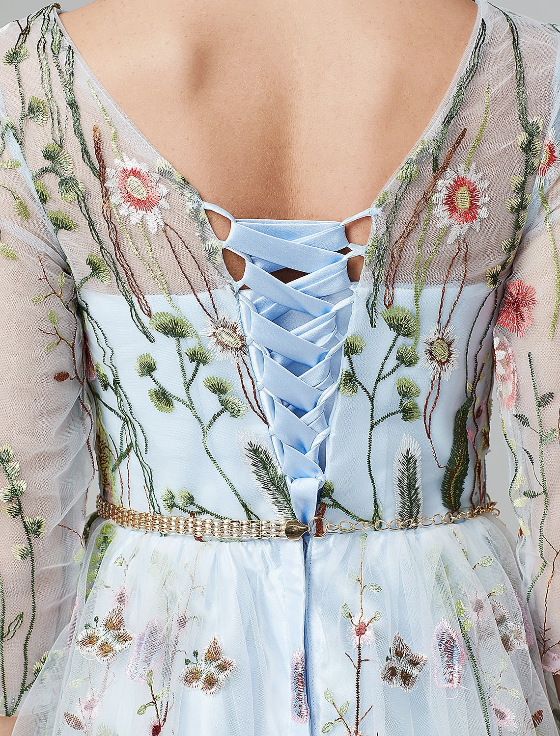 A-Line Evening Gown Party Dress Floral Dress Holiday Wedding Guest Floor Length 3/4 Length Sleeve Illusion Neck Lace