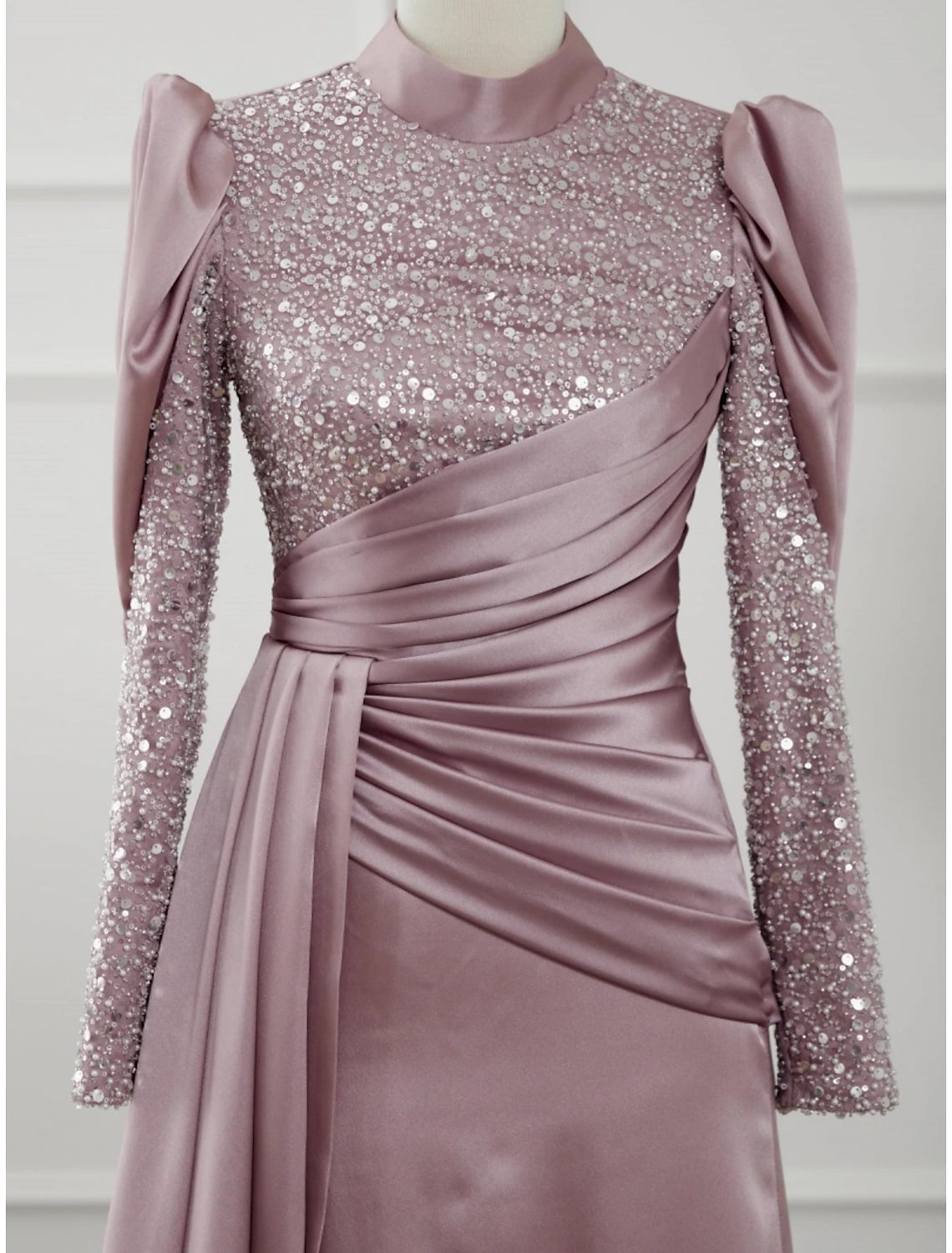 A-Line Evening Gown Sparkle & Shine Dress Formal Sweep / Brush Train Long Sleeve Jewel Neck Satin with Glitter