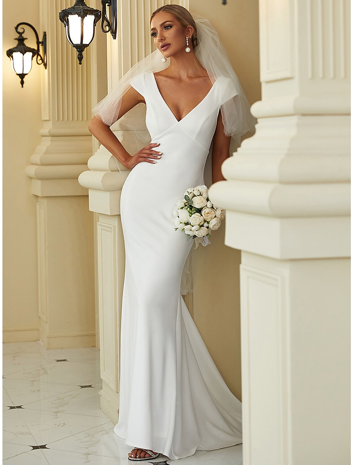 Reception Casual Wedding Dresses Mermaid / Trumpet V Neck Cap Sleeve Sweep / Brush Train Stretch Fabric Bridal Gowns With Draping