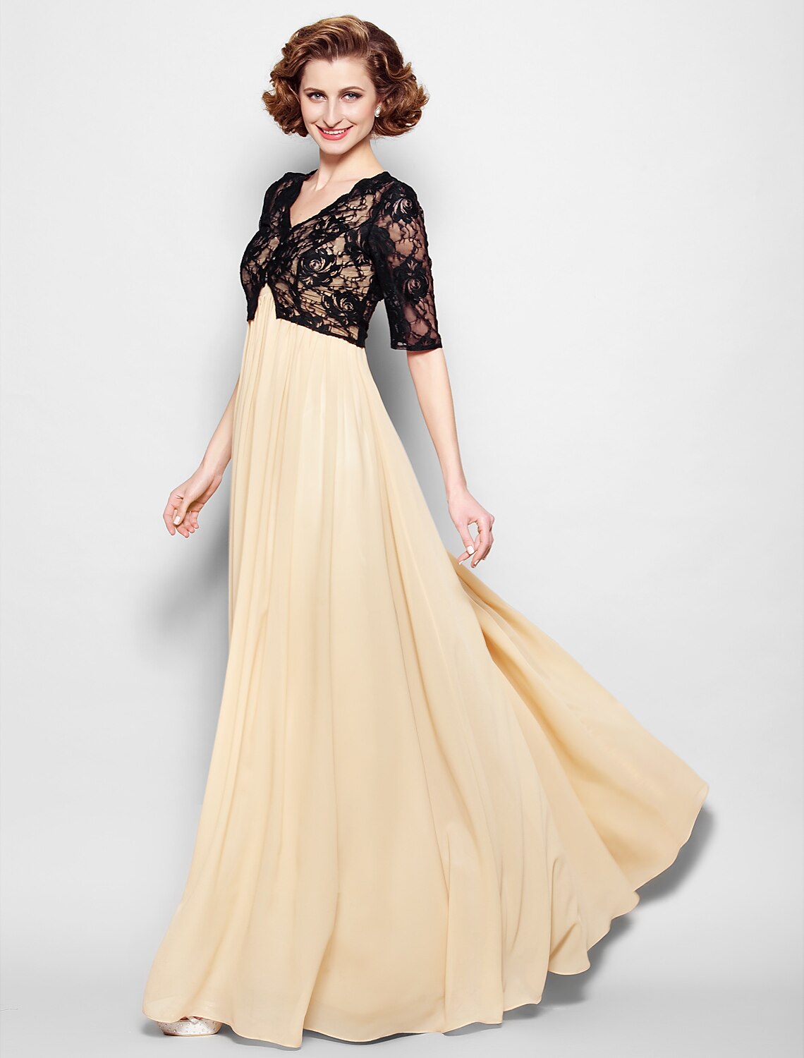 A-Line Mother of the Bride Dress Wrap Included V Neck Floor Length Chiffon Lace Half Sleeve yes