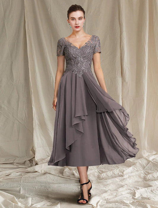 A-Line Mother of the Bride Dress Elegant V Neck Tea Length Chiffon Lace Short Sleeve with Pleats