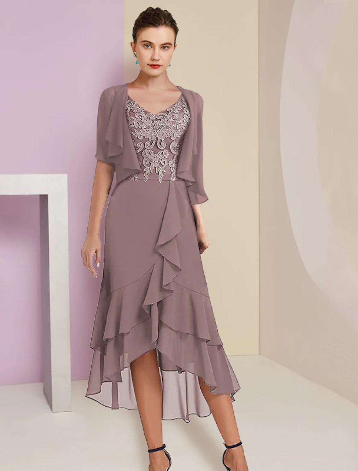 Two Piece A-Line Mother of the Bride Dress Formal Fall Wedding Guest Elegant High Low V Neck Asymmetrical Tea Length Chiffon Lace Short Sleeve 3/4 Length Sleeve Wrap Included