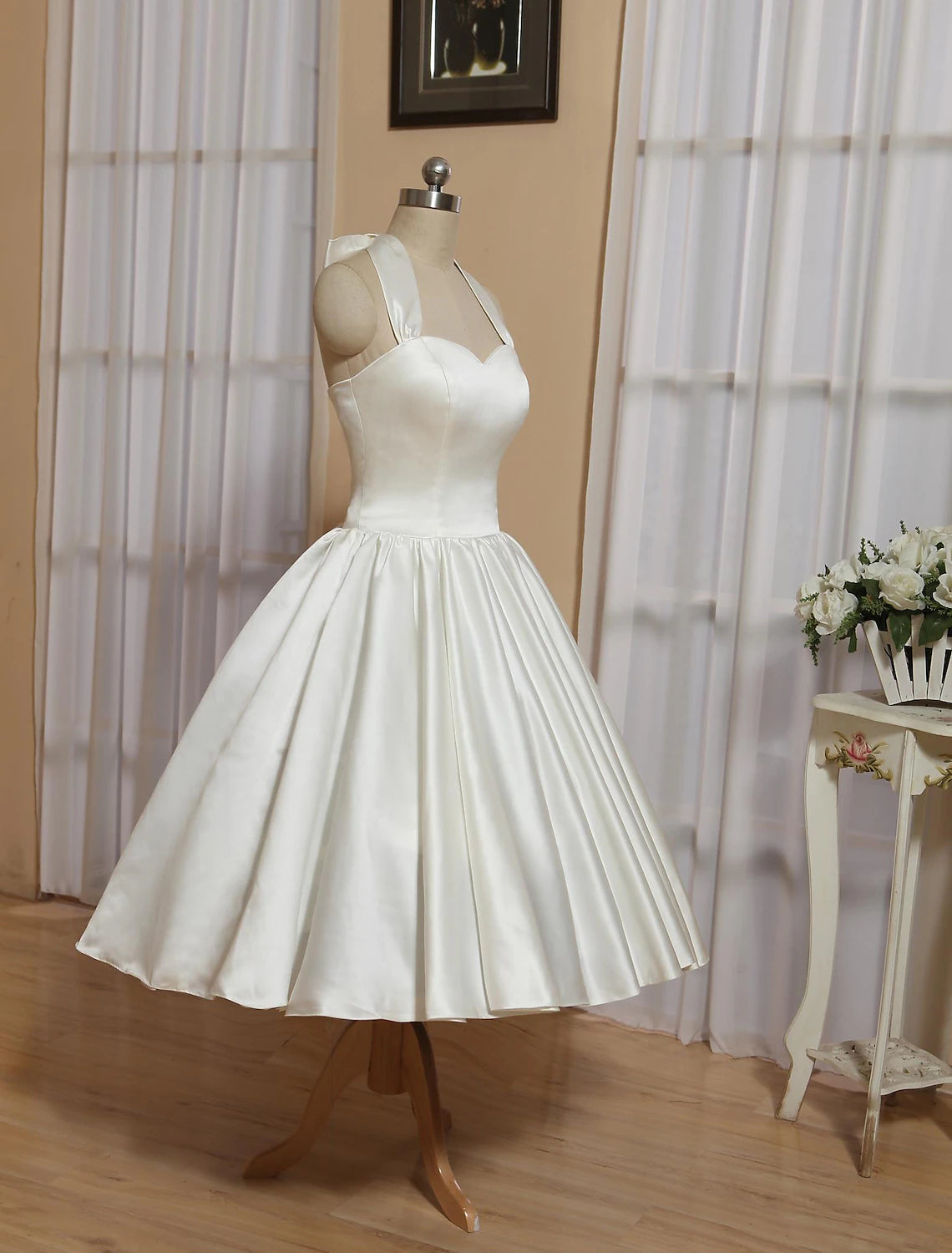 Reception Little White Dresses Wedding Dresses A-Line Halter Sleeveless Tea Length Satin Bridal Gowns With Bow(s)