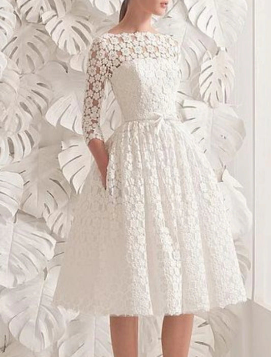 Reception Little White Dresses Wedding Dresses A-Line Scoop Neck 3/4 Length Sleeve Knee Length Lace Bridal Gowns With Sashes / Ribbons