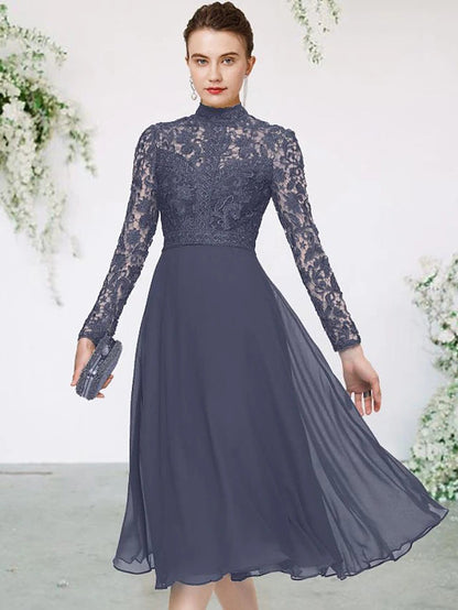 A-Line Mother of the Bride Dress Elegant High Neck Tea Length Chiffon Lace Long Sleeve with Appliques