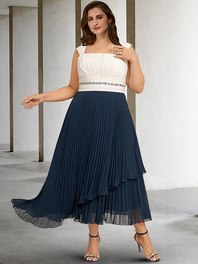 Two Piece A-Line Plus Size Curve Mother of the Bride Dresses Color Block Dress Formal Ankle Length Sleeveless Square Neck Chiffon with Pleats