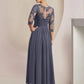 Two Piece A-Line Mother of the Bride Dress Formal Wedding Guest Elegant Scoop Neck Tea Length Chiffon Lace 3/4 Length Sleeve Wrap Included with Appliques