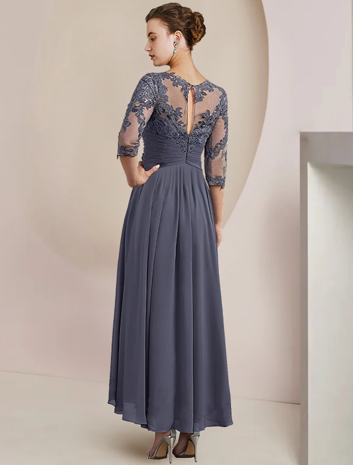 Two Piece A-Line Mother of the Bride Dress Formal Wedding Guest Elegant Scoop Neck Tea Length Chiffon Lace 3/4 Length Sleeve Wrap Included with Appliques