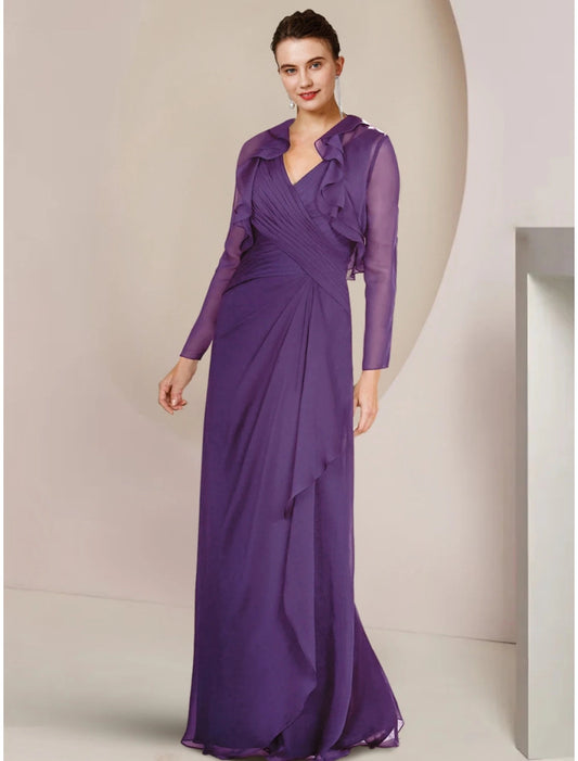 A-Line Mother of the Bride Dress Wedding Guest Elegant V Neck Floor Length Chiffon Long Sleeve with Ruffles