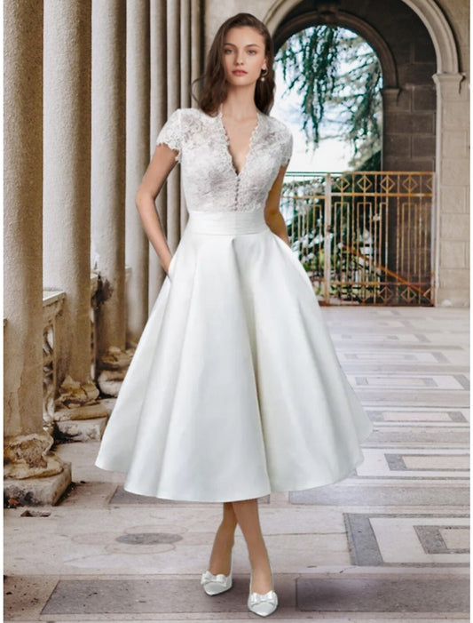 Little White Dresses Wedding Dresses A-Line V Neck Short Sleeve Tea Length Satin Bridal Gowns With Pleats