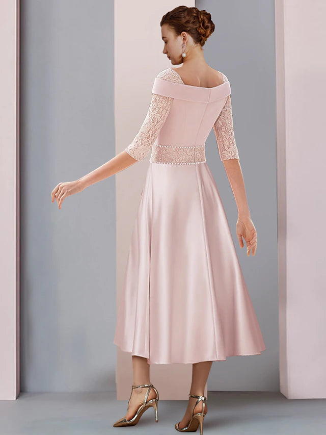 A-Line Mother of the Bride Dress Formal Wedding Guest Elegant Square Neck Tea Length Satin Lace Half Sleeve