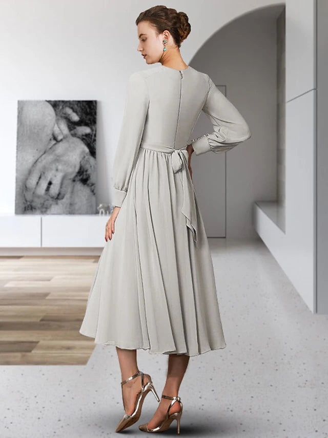 Sheath / Column Mother of the Bride Dress Simple Elegant Jewel Neck Tea Length Chiffon Long Sleeve with Sash / Ribbon Buttons