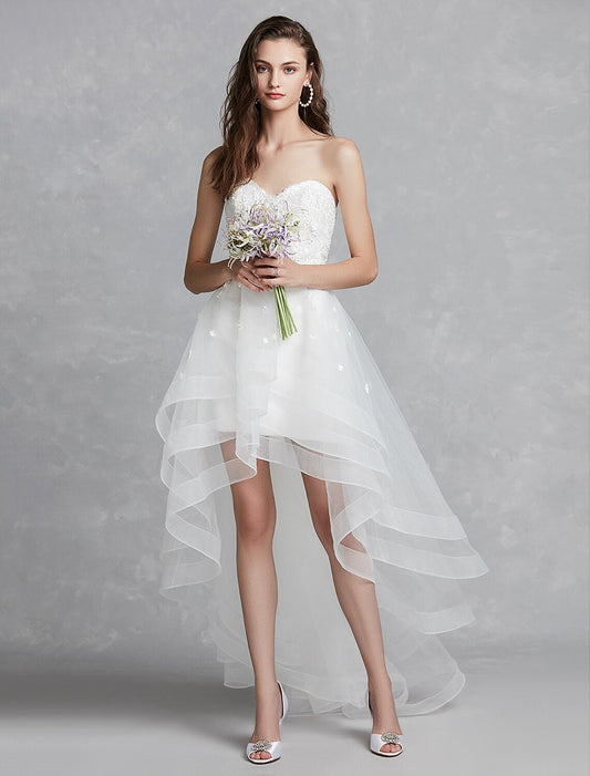 Reception Little White Dresses Wedding Dresses A-Line Sweetheart Strapless Asymmetrical Lace Bridal Gowns