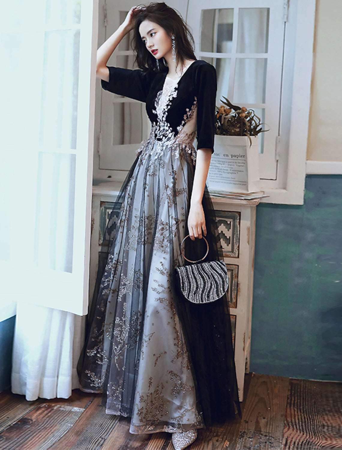 A-Line Glittering Cut Out Party Wear Formal Evening Dress Illusion Neck Half Sleeve Floor Length Velvet with Sequin