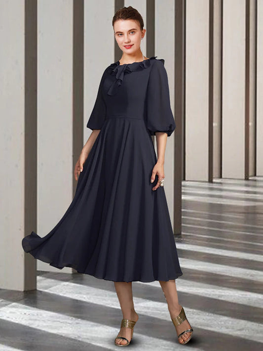 A-Line Mother of the Bride Dress Elegant Jewel Neck Tea Length Chiffon Half Sleeve with Pleats