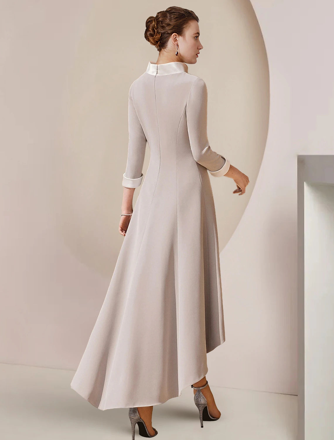 A-Line Mother of the Bride Dress Formal Wedding Guest Party Elegant High Neck Asymmetrical Tea Length Satin 3/4 Length Sleeve with Bow(s) Crystal