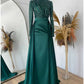 Sheath Formal Dress Evening Gown Christmas Red Green Dress Formal Sweep / Brush Train Long Sleeve Jewel Neck Satin with Pleats Ruched