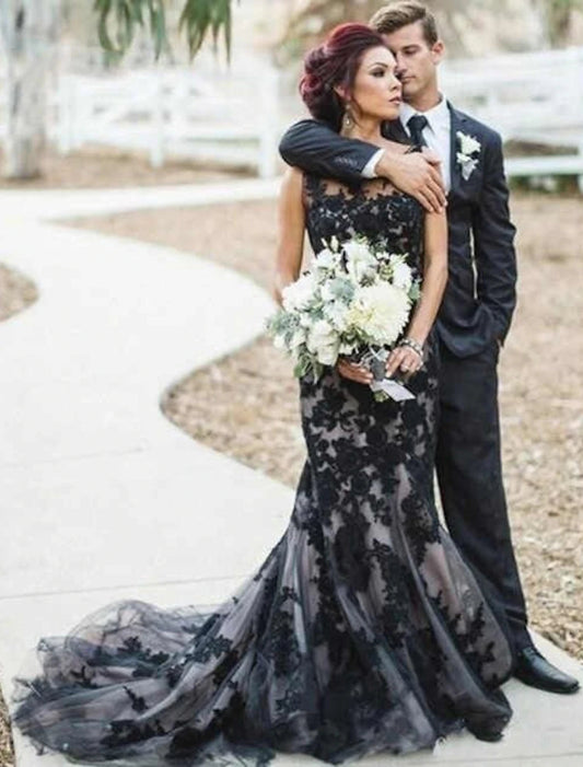 Engagement Gothic Wedding Dresses in Color Formal Wedding Dresses Mermaid / Trumpet Illusion Neck Sleeveless Court Train Satin Bridal Gowns