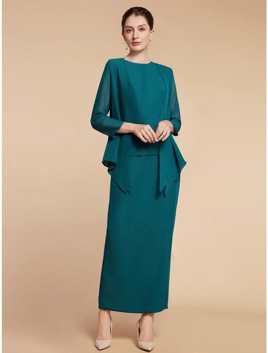 Sheath / Column Mother of the Bride Dress Wedding Guest Elegant Simple Jewel Neck Ankle Length Chiffon Long Sleeve with Split Front Ruching