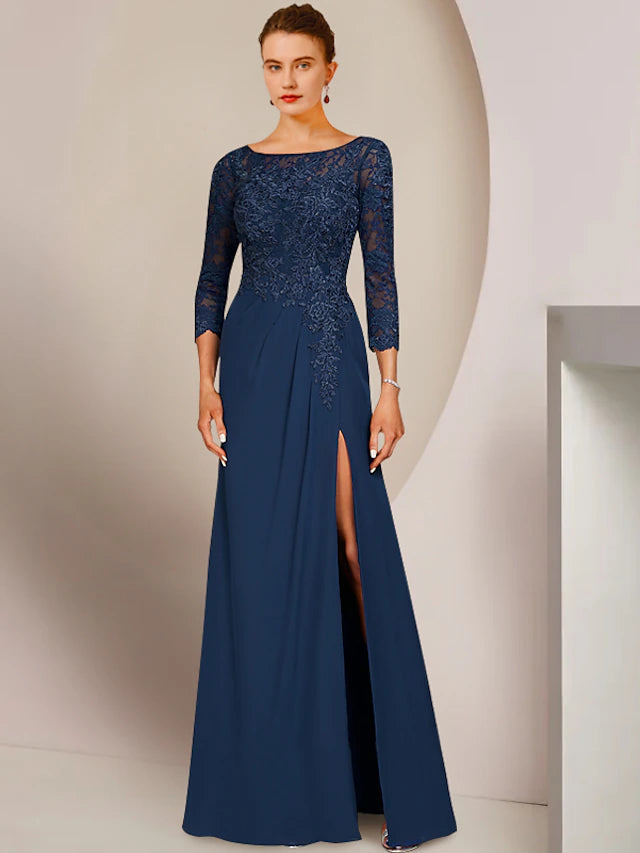 A-Line Mother of the Bride Dress Elegant Scoop Neck Floor Length Chiffon Lace 3/4 Length Sleeve with Appliques