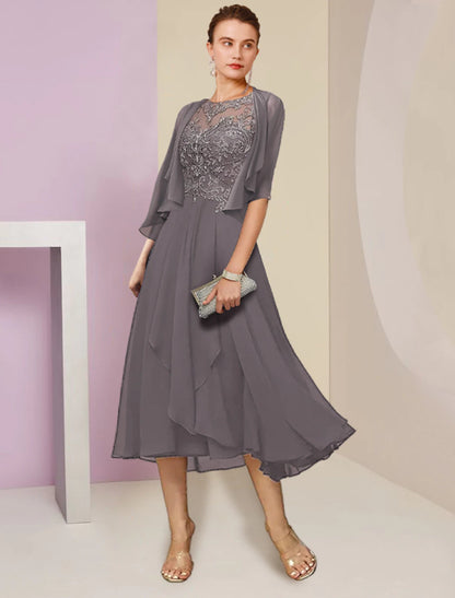 Two Piece A-Line Mother of the Bride Dress Formal Wedding Guest Elegant Scoop Neck Tea Length Chiffon Lace Half Sleeve Wrap Included with Beading Sequin