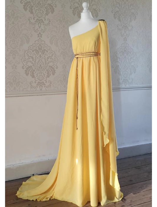 A-Line Wedding Guest Dresses Elegant Dress Evening Party Court Train Sleeveless One Shoulder Chiffon