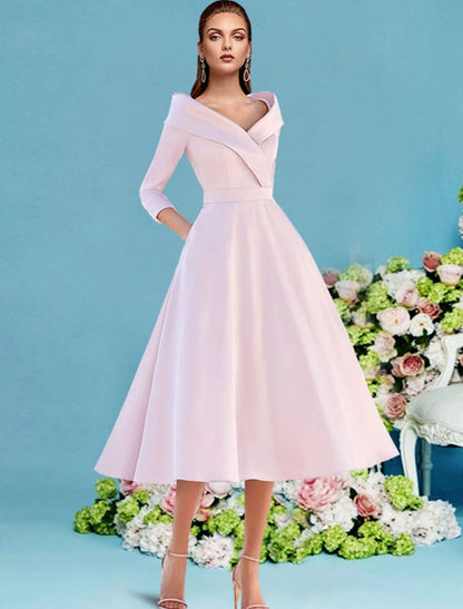 A-Line Mother of the Bride Dress Fall Wedding Guest Vintage Elegant V Neck Tea Length Satin 3/4 Length Sleeve