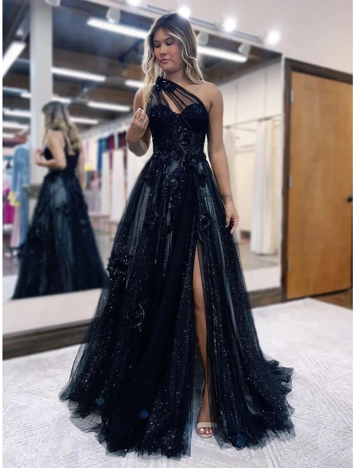 A-Line Prom Dresses Color Block Dress Formal Wedding Guest Sweep / Brush Train Sleeveless One Shoulder Tulle Backless with Pleats
