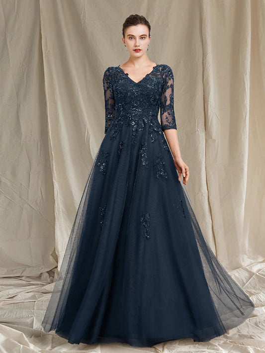 A-Line Mother of the Bride Dress Luxurious Elegant V Neck Floor Length Chiffon Lace Tulle Half Sleeve