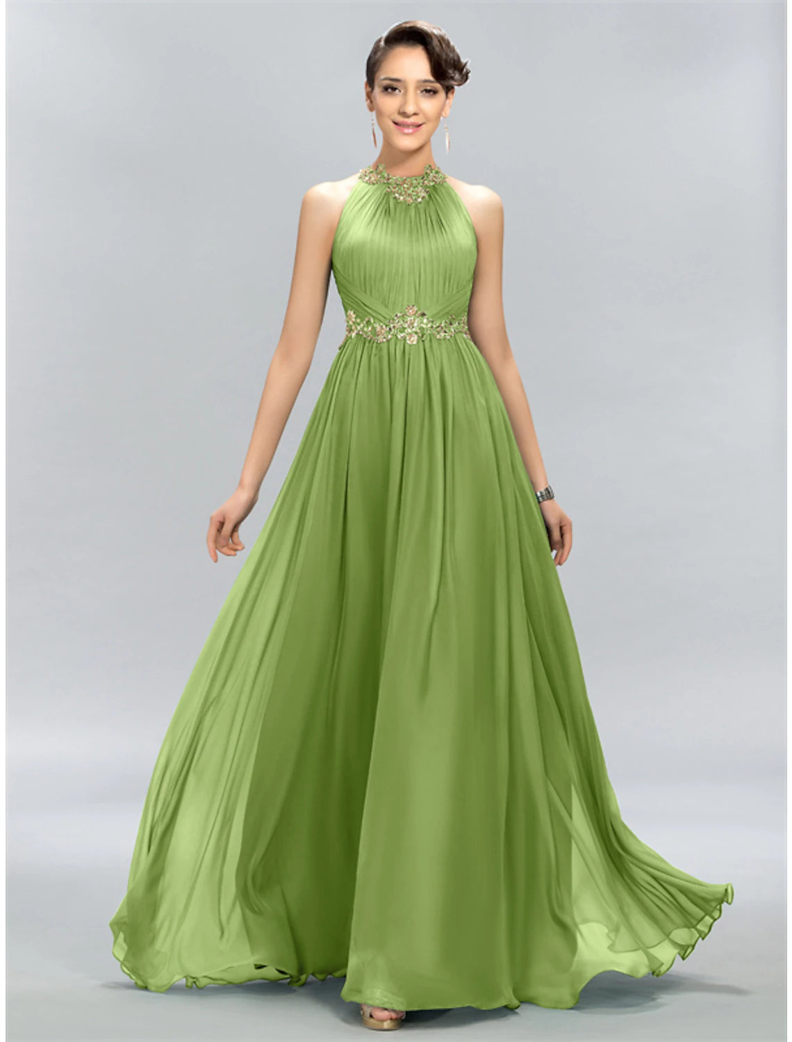 A-Line Wedding Guest Dresses Maxi Dress Party Wear Wedding Party Floor Length Sleeveless Halter Neck Chiffon with Ruched