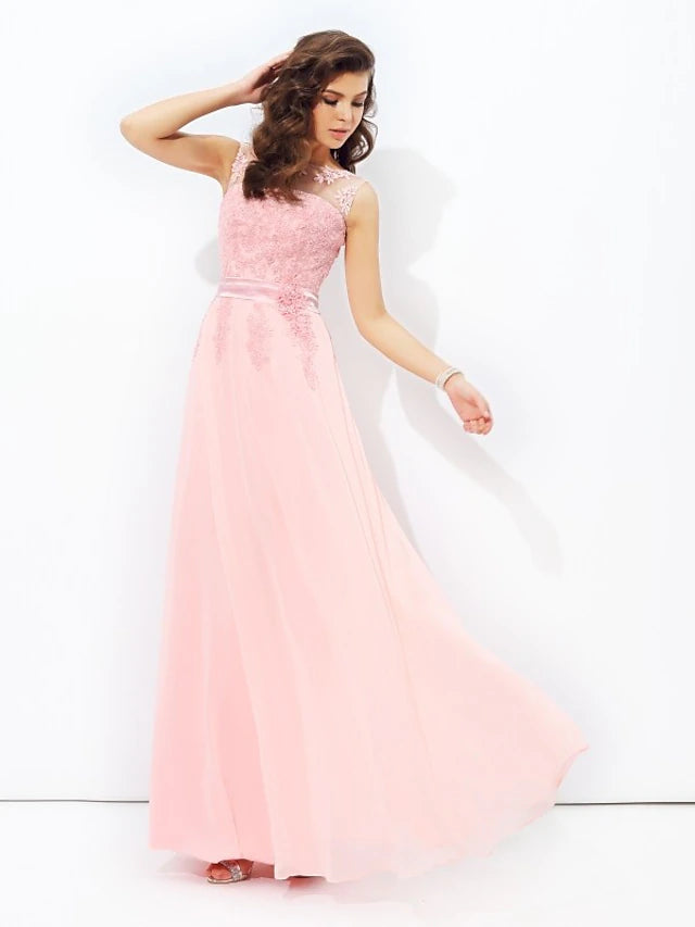 A-Line Prom Dresses Sparkle & Shine Dress Formal Floor Length Sleeveless Jewel Neck Chiffon