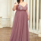 Bridesmaid Dress V Neck Sleeveless Elegant Floor Length Tulle / Sequined with Draping / Tier