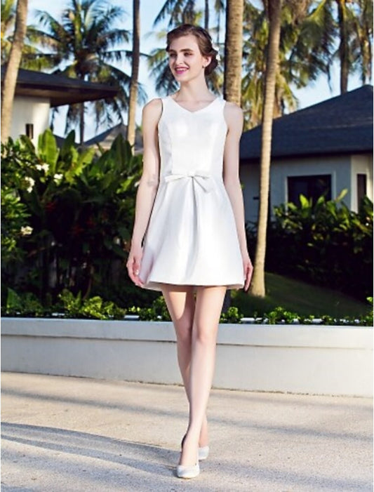 A-Line V Neck Short Nylon Taffeta Made-To-Measure Wedding Dresses with Bowknot
